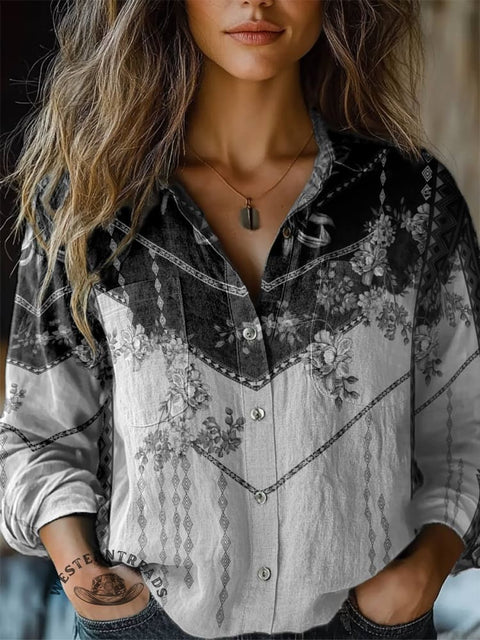 Women's Floral Print Casual Long Sleeve Comfortable Cotton Shirt