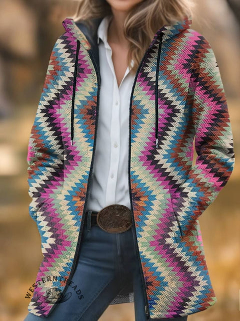 Zigzag Shape Print Unisex Plush Thick Long-Sleeved Cardigan Coat