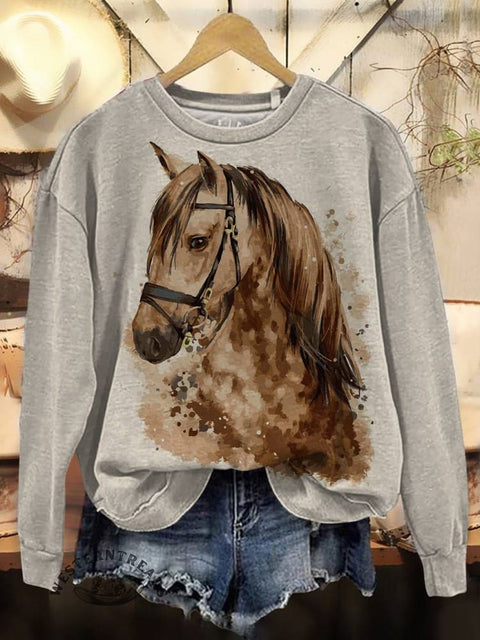 Horse Art Print Casual Cotton Sweatshirt