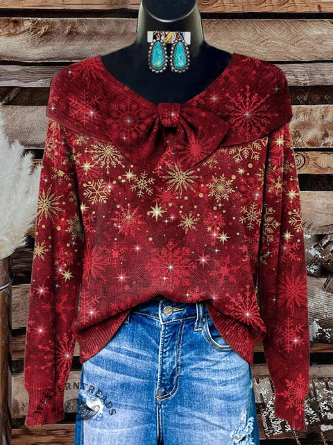 Red Christmas Snowflakes Print Buttoned Cardigan Sweater