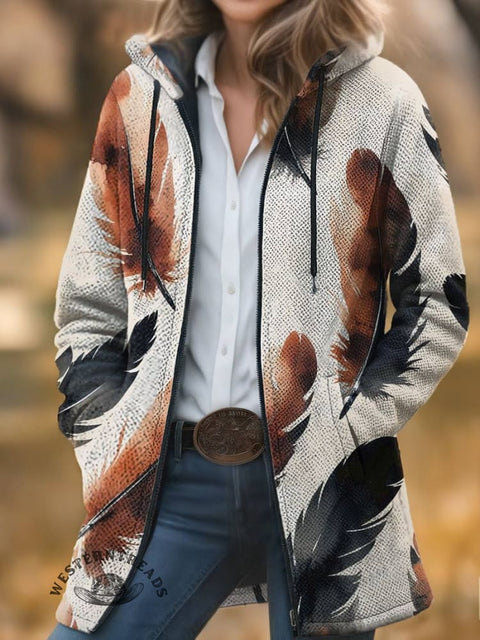 Feather Print Unisex Plush Thick Long-Sleeved Cardigan Coat