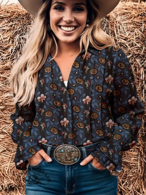 Women's Floral Print Casual Cotton And Linen Shirt