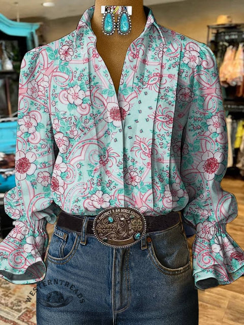Women's Floral Print Casual Cotton And Linen Shirt