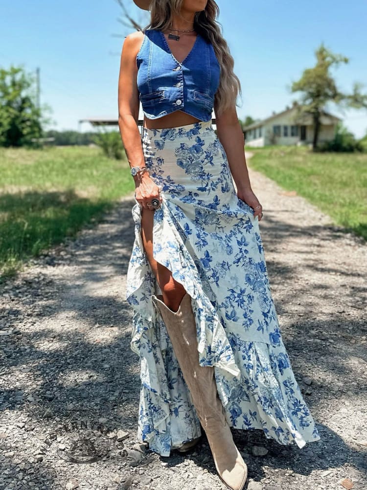 Women's Rodeo Floral Ruffle Maxi Skirt