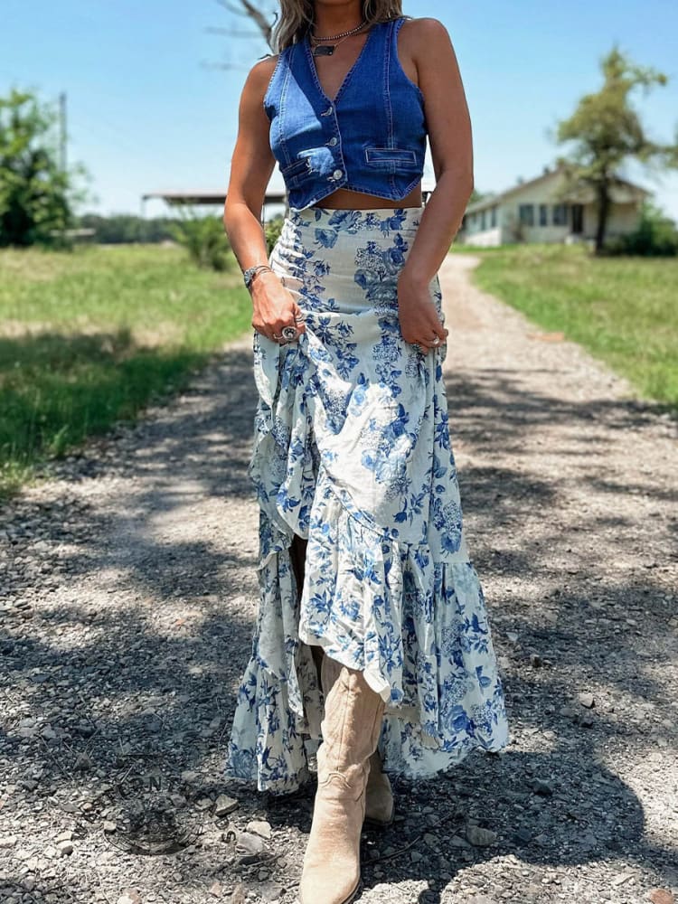 Women's Rodeo Floral Ruffle Maxi Skirt