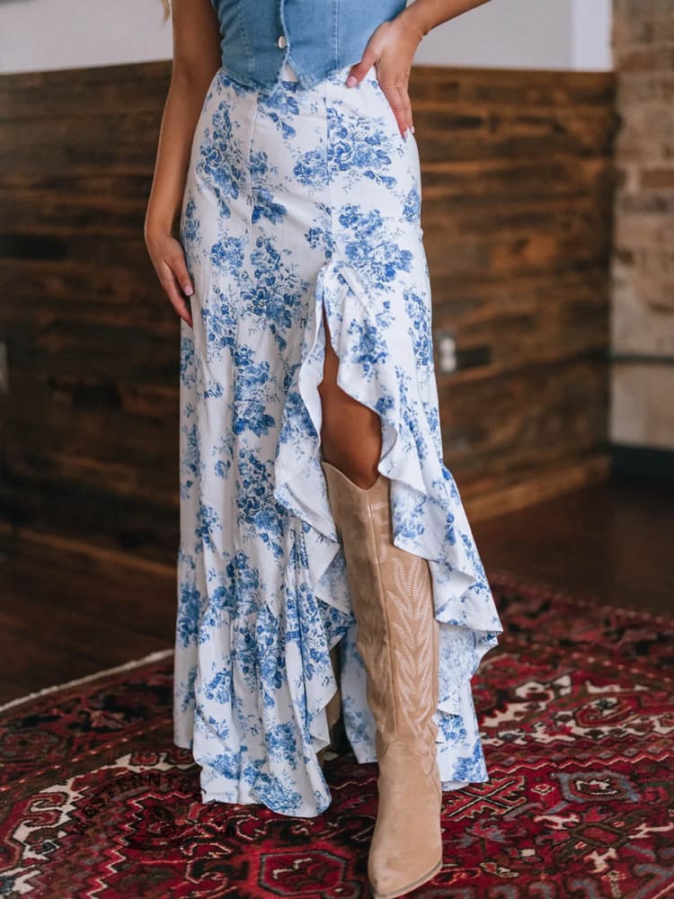 Women's Rodeo Floral Ruffle Maxi Skirt