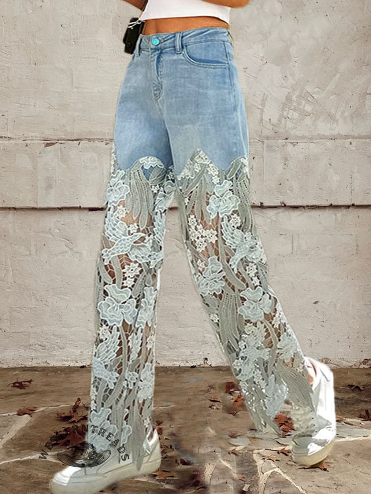Women's Buttoned Lace Patchwork Jeans Pants