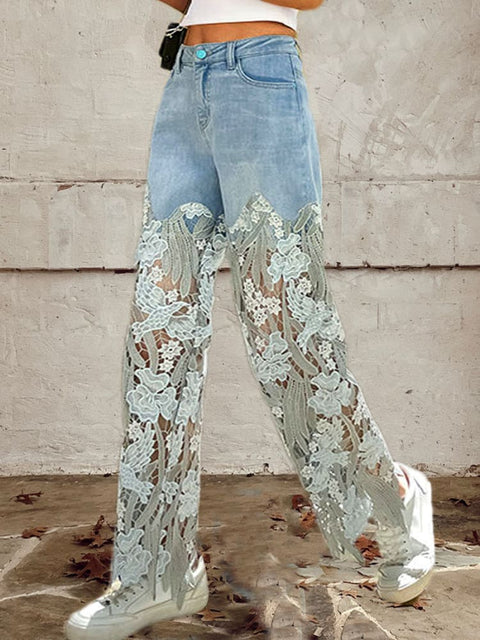Women's Buttoned Lace Patchwork Jeans