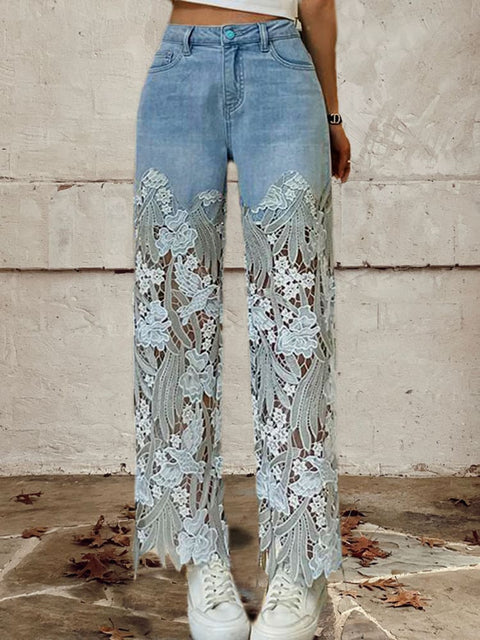 Women's Buttoned Lace Patchwork Jeans