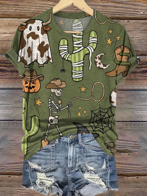 Western Halloween Seamless Pattern Print T-shirt
