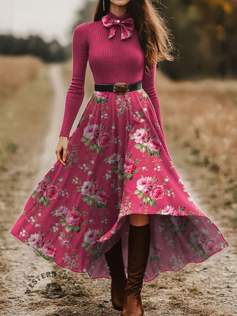 Women's Pastoral Floral Skirt and Long-sleeve Tops Two-Piece Suit