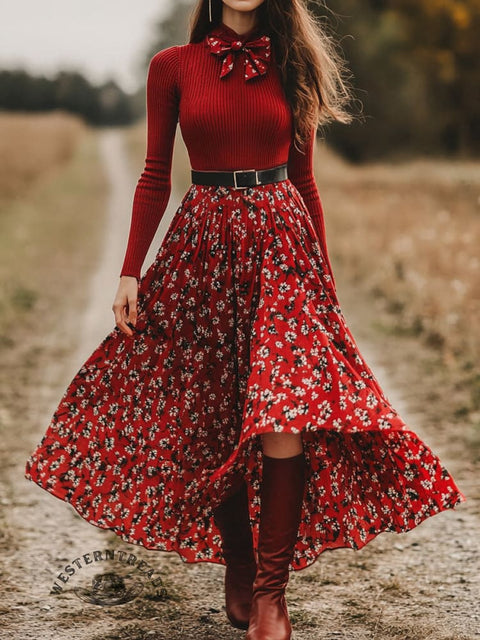 Women's Pastoral Floral Skirt and Long-sleeve Tops Two-Piece Suit