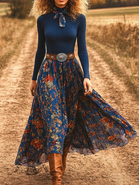 Women's Pastoral Floral Skirt and Long-sleeve Tops Two-Piece Suit