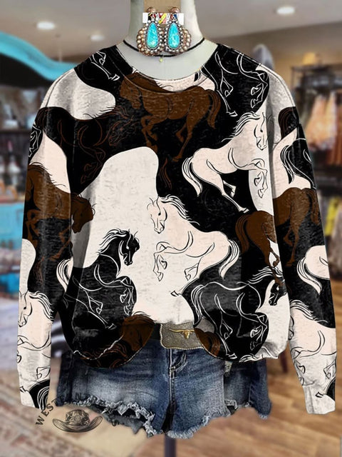 Simple Western Horse Print Crew Neck Sweatshirt