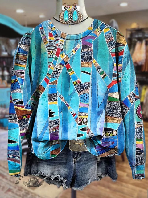Lake Blue Striped Textured Print Crewneck Sweatshirt