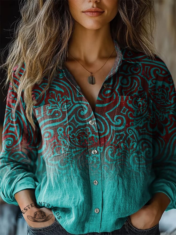 Women's Turquoise Vintage Floral Print Casual Shirt