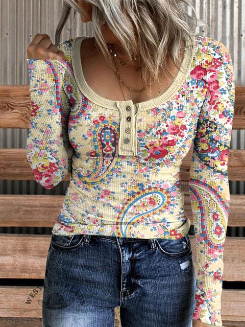 Women's Yellow Bohemian Floral Print Henley