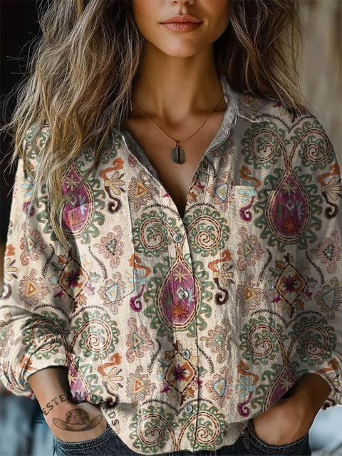Women's Beige Classic Water Drop Bohemian Print Casual Shirt