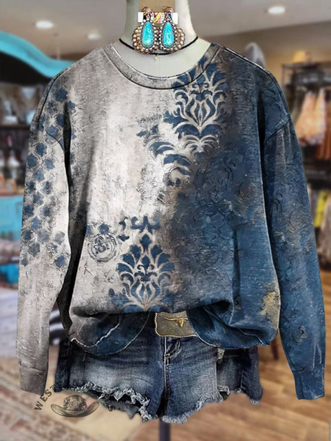 Colorblock Patterned Textured Print Crew Neck Sweatshirt