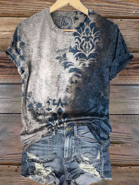 Colorblock Patterned Textured Print Crew Neck Tee