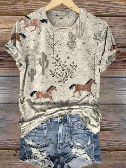 Western Desert Horse Print Comfortable T-Shirt