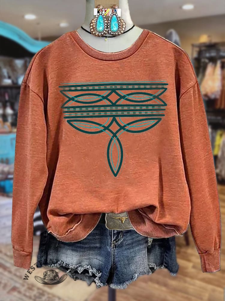 Western Cowboy Boots Stitch Print Crew Neck Sweatshirt