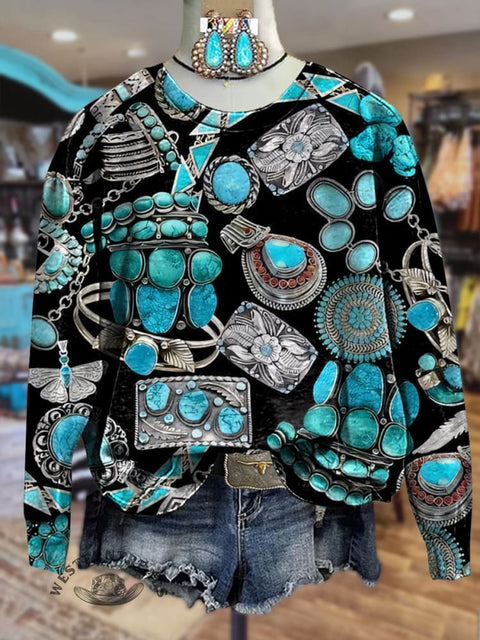 Turquoise Embellished Print Crewneck Sweatshirt