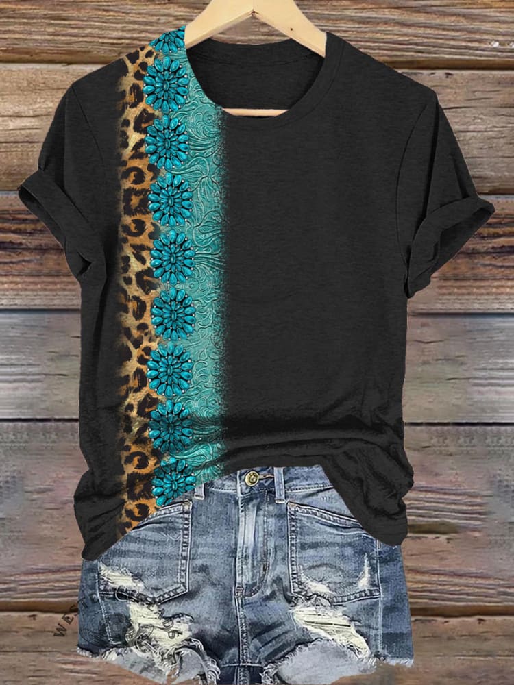 Simple Turquoise Leopard Print Round Neck T-Shirt