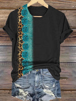 Simple Turquoise Leopard Print Round Neck T-Shirt