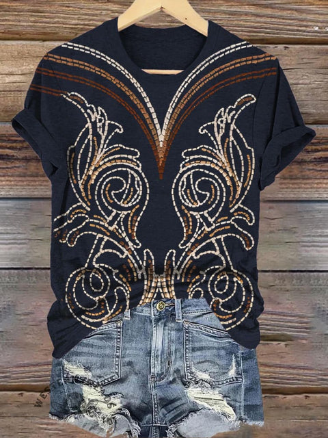 Simple Cowboy Boots Stitch Printed Round Neck T-Shirt