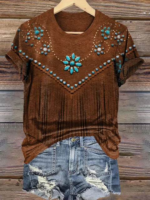 Retro Nostalgic Turquoise Flower Printed Crew Neck T-Shirt