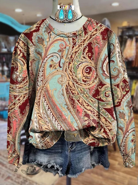 Burgundy Bohemian Print Casual Crewneck Sweatshirt