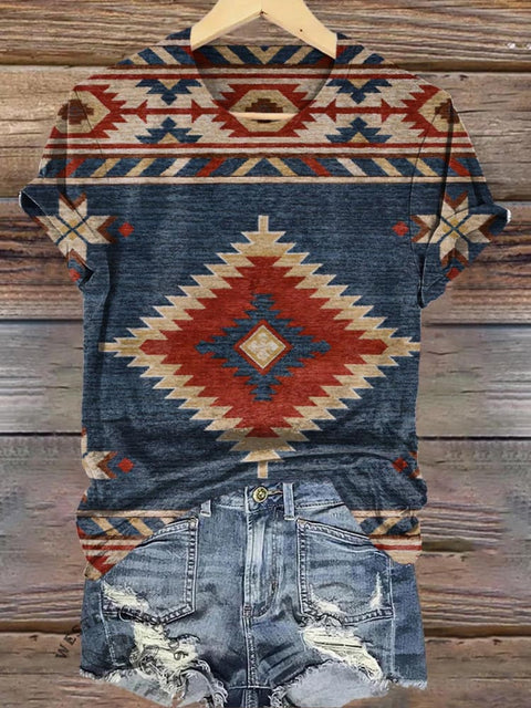Retro Western Aztec Printed Casual T-Shirt