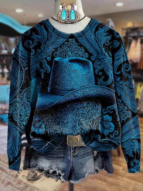 Blue Cowboy Hat Embossed Pattern Print Crew Neck Sweatshirt