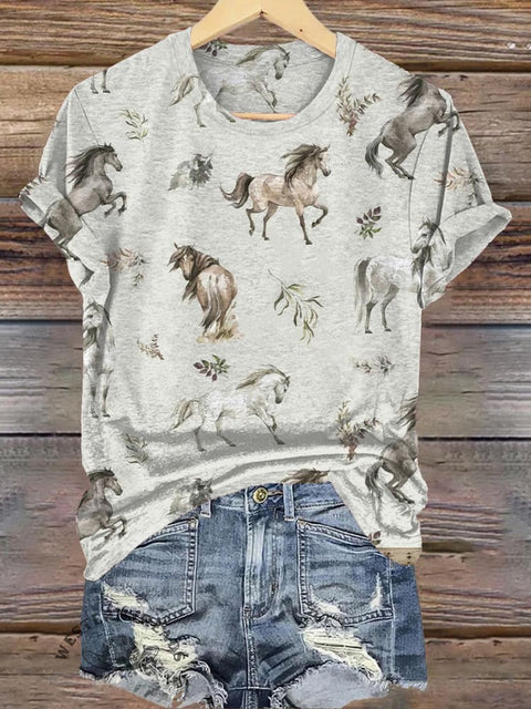 Simple Western Horse Print Casual T-shirt