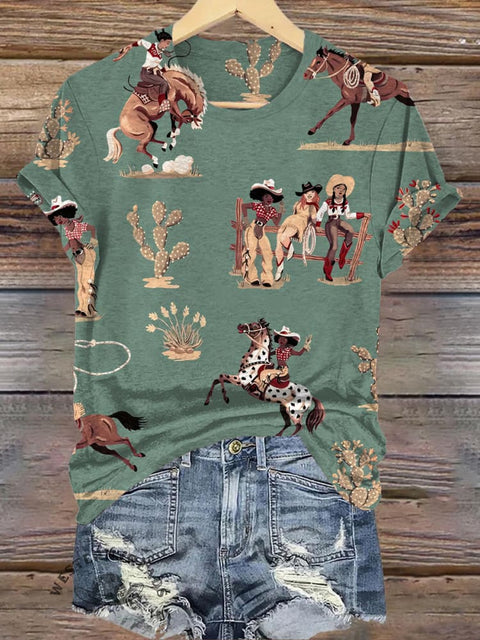 Wild West Cowgirl Print Casual T-shirt