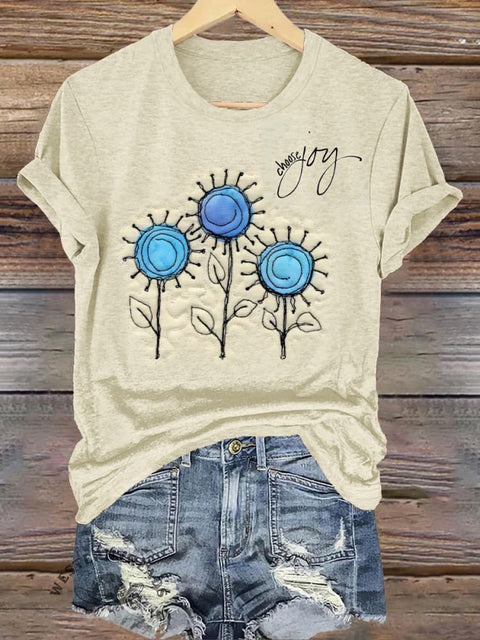Knitted Artistic Flower Print Casual T-shirt