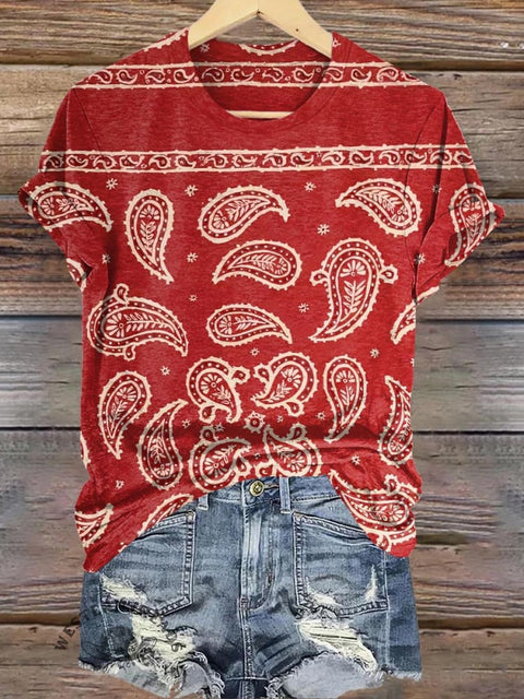 Red Bohemian Print Casual T-Shirt