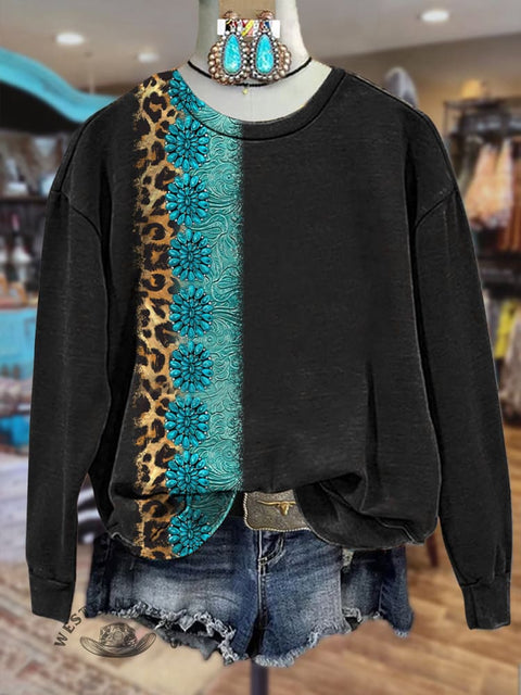 Turquoise Leopard Stripe Print Crewneck Casual Sweatshirt