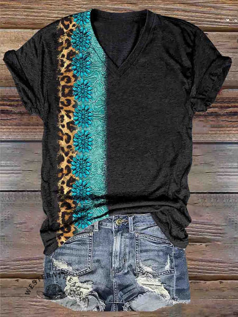 Turquoise Leopard Stripe Print V-Neck Short Sleeve Top