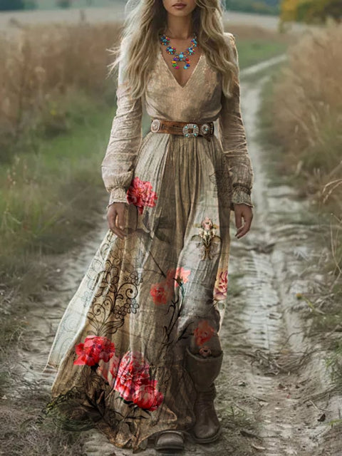 Women's Retro Texture Rose Printed Casual Long Dress