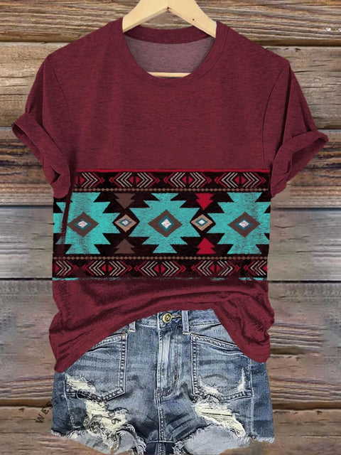 Burgundy Ethnic Striped Printed Comfort T-Shirt