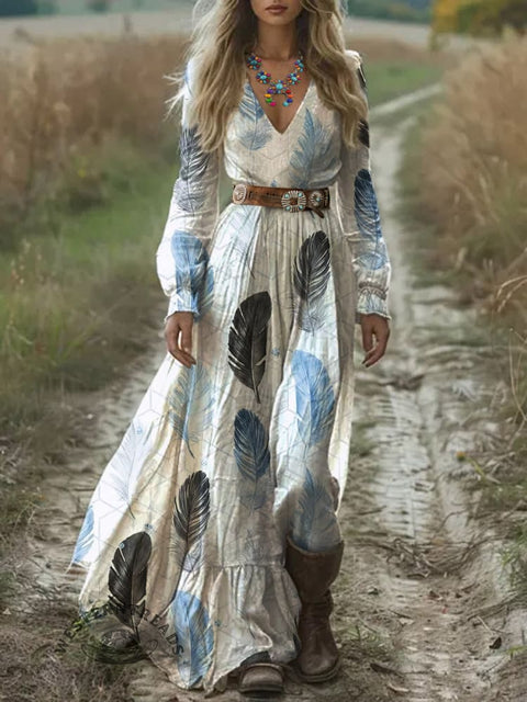 Women's Simple Feather Pattern Printed Long Dress