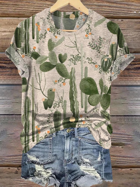 Western Desert Cactus Print Casual T-shirt