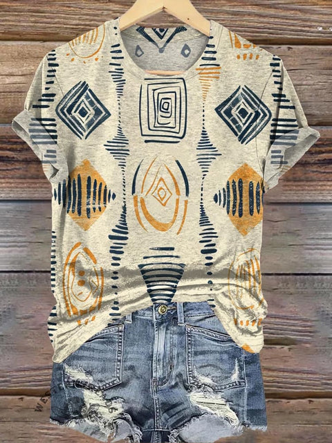 Simple Beige Ethnic Pattern Print Casual T-Shirt