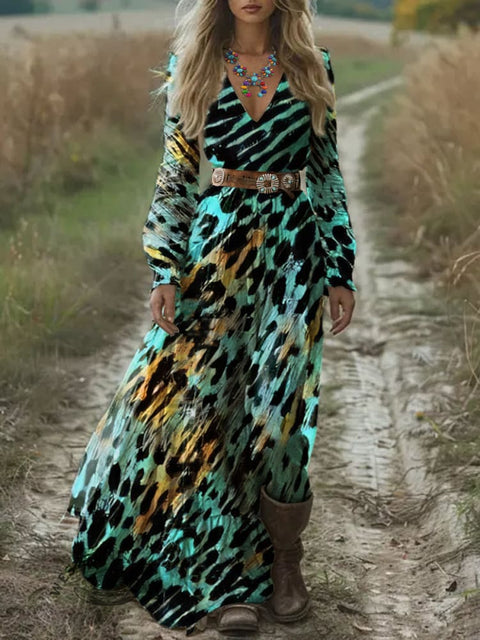 Women's Turquoise Leopard Print Elegant Maxi Dress