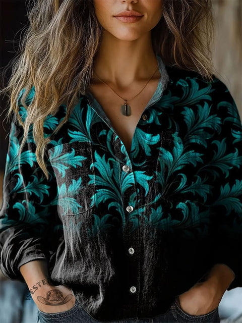 Women's Turquoise Floral Ombre Print Ruffle Shirt