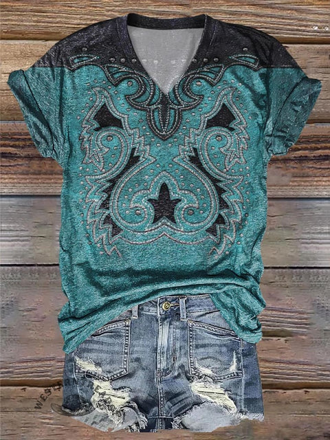 Leather Art Graphic Print V-Neck T-Shirt