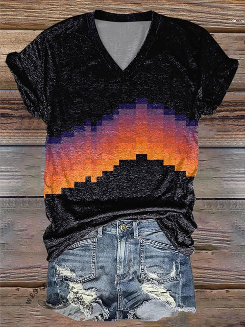 Sunset Waves Printed V-Neck T-Shirt