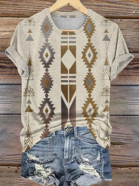 Simple Ethnic Style Printed Casual T-Shirt